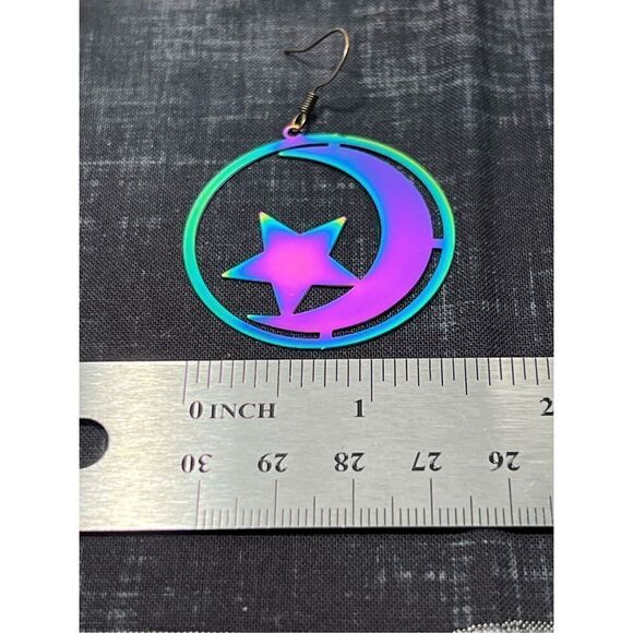 Iridescent Light Weight Moon and Star Brass Colored Fish Hook Stud Earrings - Picture 3 of 3